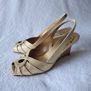 Prada Gold Metallic Peep-toe Slingback Wedge Sandals